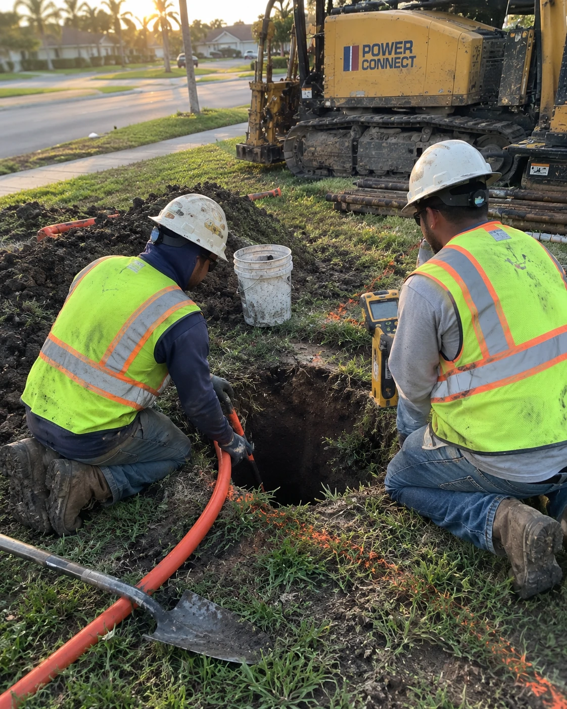 Two crew members at a bore pit guiding orange conduit while checking a utility locator